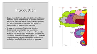 Introduction
• Large amount of molecular data derived from Human
Genome Project and advances in Pharmacogenomics
has led to paradigm shift in oncology from “One size
fits all” to more precise medicine and has led to
development of “Personalised Medicine”.
• In view of limitations of traditional biopsies-
Invasiveness, complications and sometimes
impossible, also there cross-sectional behaviour (as
tumours and metastasis is dynamic a/c environment
and medications and there heterogenicity), a new field
analysing cancer derived components in circulation
and other body fluids attracts minds in oncology.