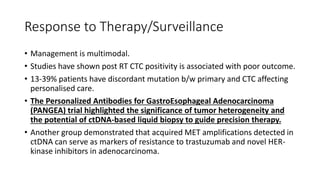 Response to Therapy/Surveillance
• Management is multimodal.
• Studies have shown post RT CTC positivity is associated with poor outcome.
• 13-39% patients have discordant mutation b/w primary and CTC affecting
personalised care.
• The Personalized Antibodies for GastroEsophageal Adenocarcinoma
(PANGEA) trial highlighted the significance of tumor heterogeneity and
the potential of ctDNA-based liquid biopsy to guide precision therapy.
• Another group demonstrated that acquired MET amplifications detected in
ctDNA can serve as markers of resistance to trastuzumab and novel HER-
kinase inhibitors in adenocarcinoma.