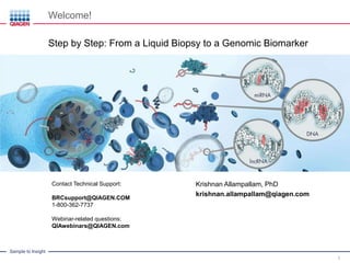 Sample to Insight
- 1 -
Welcome!
Wei Cao, PhD
Wei.Cao@QIAGEN.com
Step by Step: From a Liquid Biopsy to a Genomic Biomarker
Contact Technical Support:
BRCsupport@QIAGEN.COM
1-800-362-7737
Webinar-related questions:
QIAwebinars@QIAGEN.com
Krishnan Allampallam, PhD
krishnan.allampallam@qiagen.com
1
 