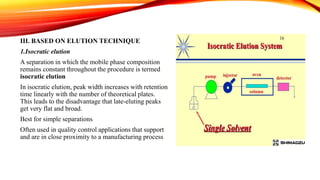 III. BASED ON ELUTION TECHNIQUE
1.Isocratic elution
A separation in which the mobile phase composition
remains constant throughout the procedure is termed
isocratic elution
In isocratic elution, peak width increases with retention
time linearly with the number of theoretical plates.
This leads to the disadvantage that late-eluting peaks
get very flat and broad.
Best for simple separations
Often used in quality control applications that support
and are in close proximity to a manufacturing process
 