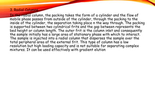 3. Radial Columns
In the radial column, the packing takes the form of a cylinder and the flow of
mobile phase passes from outside of the cylinder, through the packing to the
inside of the cylinder, the separation taking place n the way through. The packing
is supported between two cylindrical frits and the gap between represents the
bed height or column length. The outer frit is the column inlet and consequently
the sample initially has a large area of stationary phase with which to interact.
The sample is injected into a radial column that disperses the sample over the
total peripheral area of the external frit. This type of column has a low
resolution but high loading capacity and is not suitable for separating complex
mixtures. It can be used effectively with gradient elution
 