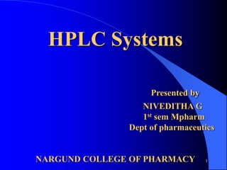 HPLC Systems
Presented by
NIVEDITHA G
1st sem Mpharm
Dept of pharmaceutics
NARGUND COLLEGE OF PHARMACY 1
 