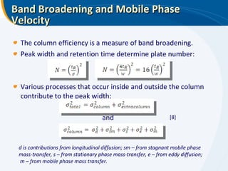 Band Broadening and Mobile Phase Velocity The column efficiency is a measure of band broadening. Peak width and retention time determine plate number: Various processes that occur inside and outside the column contribute to the peak width: and d is contributions from longitudinal diffusion; sm – from stagnant mobile phase  mass-transfer, s – from stationary phase mass-transfer, e – from eddy diffusion; m – from mobile phase mass transfer.  [8] 