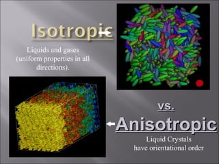 vs.vs.
AnisotropicAnisotropic
Liquids and gases
(uniform properties in all
directions).
Liquid Crystals
have orientational order
 