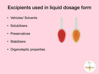Excipients used in liquid dosage form
• Vehicles/ Solvents

• Solubilizers 

• Preservatives

• Stabilizers 

• Organoleptic properties
 