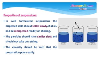 Properties of suspensions:
 In well formulated suspensions the
dispersed solid should settle slowly, if at all,
and be redispersed readily on shaking.
 The particles should have similar sizes and
should not cake on settling.
 The viscosity should be such that the
preparation pours easily.
 