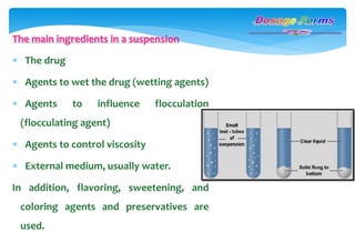 The main ingredients in a suspension
 The drug
 Agents to wet the drug (wetting agents)
 Agents to influence flocculation
(flocculating agent)
 Agents to control viscosity
 External medium, usually water.
In addition, flavoring, sweetening, and
coloring agents and preservatives are
used.
 