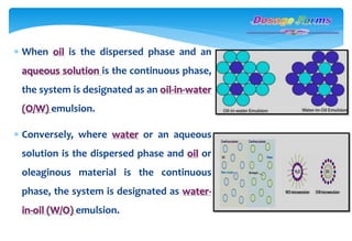 When oil is the dispersed phase and an
aqueous solution is the continuous phase,
the system is designated as an oil-in-water
(O/W) emulsion.
 Conversely, where water or an aqueous
solution is the dispersed phase and oil or
oleaginous material is the continuous
phase, the system is designated as water-
in-oil (W/O) emulsion.
 