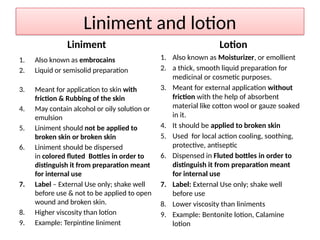 Liniment and lotion
Liniment
1. Also known as embrocains
2. Liquid or semisolid preparation
3. Meant for application to skin with
friction & Rubbing of the skin
4. May contain alcohol or oily solution or
emulsion
5. Liniment should not be applied to
broken skin or broken skin
6. Liniment should be dispersed
in colored fluted Bottles in order to
distinguish it from preparation meant
for internal use
7. Label – External Use only; shake well
before use & not to be applied to open
wound and broken skin.
8. Higher viscosity than lotion
9. Example: Terpintine liniment
Lotion
1. Also known as Moisturizer, or emollient
2. a thick, smooth liquid preparation for
medicinal or cosmetic purposes.
3. Meant for external application without
friction with the help of absorbent
material like cotton wool or gauze soaked
in it.
4. It should be applied to broken skin
5. Used for local action cooling, soothing,
protective, antiseptic
6. Dispensed in Fluted bottles in order to
distinguish it from preparation meant
for internal use
7. Label: External Use only; shake well
before use
8. Lower viscosity than liniments
9. Example: Bentonite lotion, Calamine
lotion
 