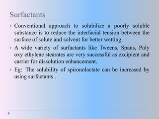 Surfactants
 Conventional approach to solubilize a poorly soluble
substance is to reduce the interfacial tension between the
surface of solute and solvent for better wetting.
 A wide variety of surfactants like Tweens, Spans, Poly
oxy ethylene stearates are very successful as excipient and
carrier for dissolution enhancement.
 Eg: The solubility of spironolactate can be increased by
using surfactants .
 