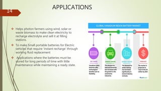 APPLICATIONS
 Helps photon farmers using wind, solar or
waste biomass to make clean electricity to
recharge electrolyte and sell it at filling
stations.
 To make Small portable batteries for Electric
vehicles that require ‘instant recharge’ through
working fluid replacement
 Applications where the batteries must be
stored for long periods of time with little
maintenance while maintaining a ready state.
14
 