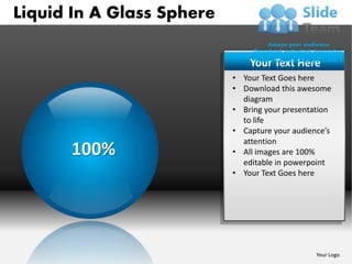 Liquid In A Glass Sphere

                               Your Text Here
                           • Your Text Goes here
                           • Download this awesome
                             diagram
                           • Bring your presentation
                             to life
                           • Capture your audience’s
                             attention
      100%                 • All images are 100%
                             editable in powerpoint
                           • Your Text Goes here




                                                Your Logo
 