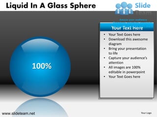 Liquid In A Glass Sphere

                                 Your Text Here
                             • Your Text Goes here
                             • Download this awesome
                               diagram
                             • Bring your presentation
                               to life
                             • Capture your audience’s
                               attention
               100%          • All images are 100%
                               editable in powerpoint
                             • Your Text Goes here




www.slideteam.net                                 Your Logo
 