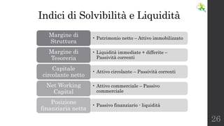 Indici di Solvibilità e Liquidità
• Patrimonio netto – Attivo immobilizzato
Margine di
Struttura
• Liquidità immediate + d...