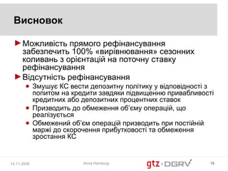 Висновок

 ► Можливість прямого рефінансування
   забезпечить 100% «вирівнювання» сезонних
   коливань з орієнтацій на поточну ставку
   рефінансування
 ► Відсутність рефінансування
       ● Змушує КС вести депозитну політику у відповідності з
         попитом на кредити завдяки підвищенню привабливості
         кредитних або депозитних процентних ставок
       ● Призводить до обмеження об’єму операцій, що
         реалізується
       ● Обмежений об’єм операцій призводить при постійній
         маржі до скорочення прибутковості та обмеження
         зростання КС


14.11.2008             Anna Hamburg                        18
 