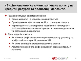 «Вирівнювання» сезонних коливань попиту на
 кредитні ресурси та пропозиції депозитів

 ► Вихідна ситуація для моделювання
    ● Сезонний попит на кредити, що коливається
    ● Прив’язування депозитних акцій до попиту на кредити
    ● Через відсутність альтернатив підвищення необхідності
      успіху акцій витікають високі процентні ставки по депозитах
      та, відповідно, по кредитах
 ► Суть моделі - показати:
    ● Як впливає рефінансування через центральну установу на
      прибутковість операцій з членами КС
    ● Як може виглядати середня процентна ставка
    ● Аргументи на користь рефінансування через центральну
      установу


14.11.2008             Anna Hamburg                                 8
 