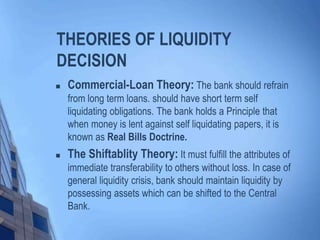 THEORIES OF LIQUIDITY
DECISION
 Commercial-Loan Theory: The bank should refrain
from long term loans. should have short term self
liquidating obligations. The bank holds a Principle that
when money is lent against self liquidating papers, it is
known as Real Bills Doctrine.
 The Shiftablity Theory: It must fulfill the attributes of
immediate transferability to others without loss. In case of
general liquidity crisis, bank should maintain liquidity by
possessing assets which can be shifted to the Central
Bank.
 