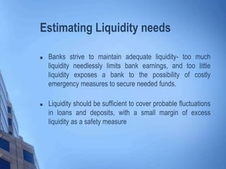 Estimating Liquidity needs
 Banks strive to maintain adequate liquidity- too much
liquidity needlessly limits bank earnings, and too little
liquidity exposes a bank to the possibility of costly
emergency measures to secure needed funds.
 Liquidity should be sufficient to cover probable fluctuations
in loans and deposits, with a small margin of excess
liquidity as a safety measure
 