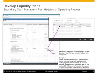 © 2014 SAP SE or an SAP affiliate company. All rights reserved. 16CustomerEarly Knowledge Transfer
Develop Liquidity Plans
Subsidiary Cash Manager – Plan Hedging of Operating Process
If subsidiary has foreign currency deficit or surplus,
Subsidiary Cash Manager can plan hedging with
headquarter.
Example:
France company has 1000 USD foreign currency
surplus and need hedge with headquarter by
exchanging 1000 USD into 500 EUR. The cash
manager enter a currency conversion plan for this
surplus. 500 EUR which is Amount in Conversion
Currency is calculated automatically on the popup.
 