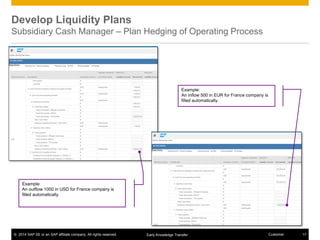 © 2014 SAP SE or an SAP affiliate company. All rights reserved. 17CustomerEarly Knowledge Transfer
Develop Liquidity Plans
Subsidiary Cash Manager – Plan Hedging of Operating Process
Example:
An outflow 1000 in USD for France company is
filled automatically.
Example:
An inflow 500 in EUR for France company is
filled automatically.
 
