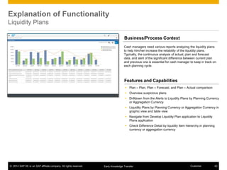 © 2014 SAP SE or an SAP affiliate company. All rights reserved. 23CustomerEarly Knowledge Transfer
Explanation of Functionality
Liquidity Plans
Features and Capabilities
 Plan – Plan, Plan – Forecast, and Plan – Actual comparison
 Overview suspicious plans
 Drilldown from the Alerts to Liquidity Plans by Planning Currency
or Aggregation Currency
 Liquidity Plans by Planning Currency or Aggregation Currency in
graphic view and table view
 Navigate from Develop Liquidity Plan application to Liquidity
Plans application
 Check Difference Detail by liquidity Item hierarchy in planning
currency or aggregation currency
Cash managers need various reports analyzing the liquidity plans
to help him/her increase the reliability of the liquidity plans.
Typically, the continuous analysis of actual, plan and forecast
data, and alert of the significant difference between current plan
and previous one is essential for cash manager to keep in track on
each planning cycle.
Business/Process Context
 