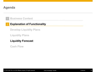 © 2014 SAP SE or an SAP affiliate company. All rights reserved. 28CustomerEarly Knowledge Transfer
Agenda
1 Business Context
Explanation of Functionality
Develop Liquidity Plans
Liquidity Plans
Liquidity Forecast
Cash Flow
2
 