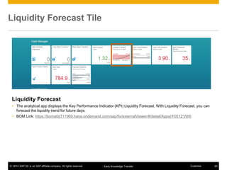 © 2014 SAP SE or an SAP affiliate company. All rights reserved. 29CustomerEarly Knowledge Transfer
Liquidity Forecast Tile
Liquidity Forecast
 The analytical app displays the Key Performance Indicator (KPI) Liquidity Forecast. With Liquidity Forecast, you can
forecast the liquidity trend for future days.
 BOM Link: https://boma0d717969.hana.ondemand.com/sap/fix/externalViewer/#/detail/Apps('F0512')/W6
 