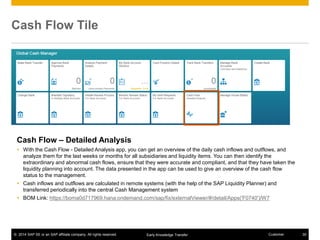 © 2014 SAP SE or an SAP affiliate company. All rights reserved. 35CustomerEarly Knowledge Transfer
Cash Flow Tile
Cash Flow – Detailed Analysis
 With the Cash Flow - Detailed Analysis app, you can get an overview of the daily cash inflows and outflows, and
analyze them for the last weeks or months for all subsidiaries and liquidity items. You can then identify the
extraordinary and abnormal cash flows, ensure that they were accurate and compliant, and that they have taken the
liquidity planning into account. The data presented in the app can be used to give an overview of the cash flow
status to the management.
 Cash inflows and outflows are calculated in remote systems (with the help of the SAP Liquidity Planner) and
transferred periodically into the central Cash Management system
 BOM Link: https://boma0d717969.hana.ondemand.com/sap/fix/externalViewer/#/detail/Apps('F0740')/W7
 
