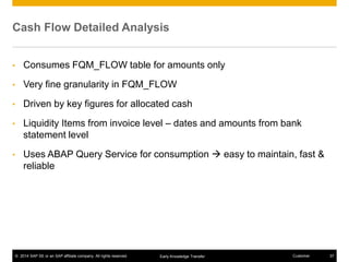 © 2014 SAP SE or an SAP affiliate company. All rights reserved. 37CustomerEarly Knowledge Transfer
Cash Flow Detailed Analysis
• Consumes FQM_FLOW table for amounts only
• Very fine granularity in FQM_FLOW
• Driven by key figures for allocated cash
• Liquidity Items from invoice level – dates and amounts from bank
statement level
• Uses ABAP Query Service for consumption  easy to maintain, fast &
reliable
 