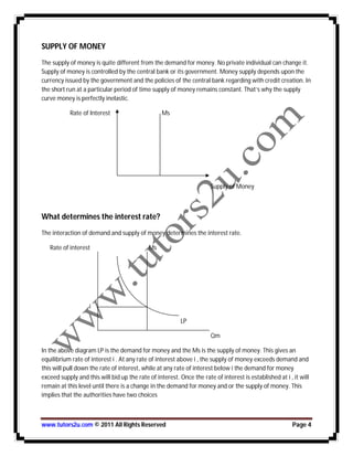 www.tutors2u.com © 2011 All Rights Reserved Page 4
SUPPLY OF MONEY
The supply of money is quite different from the demand for money. No private individual can change it.
Supply of money is controlled by the central bank or its government. Money supply depends upon the
currency issued by the government and the policies of the central bank regarding with credit creation. In
the short run at a particular period of time supply of money remains constant. That’s why the supply
curve money is perfectly inelastic.
Rate of Interest Ms
Supply of Money
What determines the interest rate?
The interaction of demand and supply of money determines the interest rate.
Rate of interest Ms
i
LP
Qm
In the above diagram LP is the demand for money and the Ms is the supply of money. This gives an
equilibrium rate of interest i . At any rate of interest above i , the supply of money exceeds demand and
this will pull down the rate of interest, while at any rate of interest below i the demand for money
exceed supply and this will bid up the rate of interest. Once the rate of interest is established at i , it will
remain at this level until there is a change in the demand for money and or the supply of money. This
implies that the authorities have two choices
 