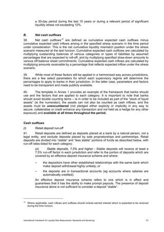 a 30-day period during the last 10 years or during a relevant period of significant
             liquidity stress not exceeding 10%.


B.           Net cash outflows
38.      Net cash outflows 12 are defined as cumulative expected cash outflows minus
cumulative expected cash inflows arising in the specified stress scenario in the time period
under consideration. This is the net cumulative liquidity mismatch position under the stress
scenario measured at the test horizon. Cumulative expected cash outflows are calculated by
multiplying outstanding balances of various categories or types of liabilities by assumed
percentages that are expected to roll-off, and by multiplying specified draw-down amounts to
various off-balance sheet commitments. Cumulative expected cash inflows are calculated by
multiplying amounts receivable by a percentage that reflects expected inflow under the stress
scenario.

39.     While most of these factors will be applied in a harmonised way across jurisdictions,
there are a few select parameters for which each supervisory regime will determine the
percentages to apply to banks in their jurisdiction. In the latter case, parameters and factors
need to be transparent and made publicly available.

40.      The template in Annex 1 provides an example of the framework that banks should
use and the factors that are applied to each category. It is important to note that banks
should avoid double counting items – ie in order to be included as part of the “stock of liquid
assets” (ie the numerator), the assets can not also be counted as cash inflows, and the
assets must be unencumbered (not pledged either explicity or implicitly in any way to
secure, collateralise or credit enhance any transaction and not held as a hedge for any other
exposure) and available at all times throughout the period.


Cash outflows
(i)          Retail deposit run-off
41.       Retail deposits are defined as deposits placed at a bank by a natural person, not a
legal entity, and exclude deposits placed by sole proprietorships and partnerships. Retail
deposits are divided into “stable” and “less stable” portions of funds as described below, with
run-off rates listed for each category.
             (a)     Stable deposits, 7.5% and higher - Stable deposits will receive at least a
             7.5% run-off factor in each jurisdiction and refer to the portion of deposits which are
             covered by an effective deposit insurance scheme and where:

             –       the depositors have other established relationships with the same bank which
                     make deposit withdrawal highly unlikely; or
             –       the deposits are in transactional accounts (eg accounts where salaries are
                     automatically credited).
             An effective deposit insurance scheme refers to one which is in effect and
             guarantees that it has the ability to make prompt payouts. The presence of deposit
             insurance alone is not sufficient to consider a deposit “stable”.



12
      Where applicable, cash inflows and outflows should include earned interest which is expected to be received
      during the time horizon.




International Framework for Liquidity Risk Measurement, Standards and Monitoring                              11
 
