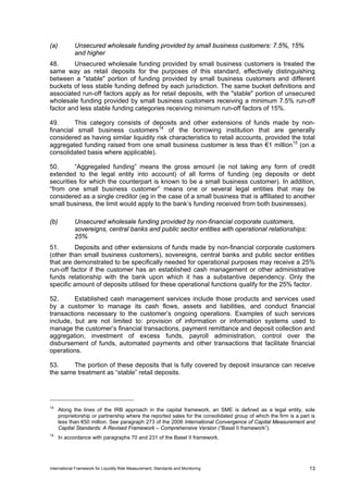 (a)          Unsecured wholesale funding provided by small business customers: 7.5%, 15%
             and higher
48.      Unsecured wholesale funding provided by small business customers is treated the
same way as retail deposits for the purposes of this standard, effectively distinguishing
between a "stable" portion of funding provided by small business customers and different
buckets of less stable funding defined by each jurisdiction. The same bucket definitions and
associated run-off factors apply as for retail deposits, with the "stable" portion of unsecured
wholesale funding provided by small business customers receiving a minimum 7.5% run-off
factor and less stable funding categories receiving minimum run-off factors of 15%.

49.      This category consists of deposits and other extensions of funds made by non-
financial small business customers 14 of the borrowing institution that are generally
considered as having similar liquidity risk characteristics to retail accounts, provided the total
aggregated funding raised from one small business customer is less than €1 million 15 (on a
consolidated basis where applicable).

50.      “Aggregated funding” means the gross amount (ie not taking any form of credit
extended to the legal entity into account) of all forms of funding (eg deposits or debt
securities for which the counterpart is known to be a small business customer). In addition,
“from one small business customer” means one or several legal entities that may be
considered as a single creditor (eg in the case of a small business that is affiliated to another
small business, the limit would apply to the bank’s funding received from both businesses).

(b)          Unsecured wholesale funding provided by non-financial corporate customers,
             sovereigns, central banks and public sector entities with operational relationships:
             25%
51.       Deposits and other extensions of funds made by non-financial corporate customers
(other than small business customers), sovereigns, central banks and public sector entities
that are demonstrated to be specifically needed for operational purposes may receive a 25%
run-off factor if the customer has an established cash management or other administrative
funds relationship with the bank upon which it has a substantive dependency. Only the
specific amount of deposits utilised for these operational functions qualify for the 25% factor.

52.      Established cash management services include those products and services used
by a customer to manage its cash flows, assets and liabilities, and conduct financial
transactions necessary to the customer’s ongoing operations. Examples of such services
include, but are not limited to: provision of information or information systems used to
manage the customer’s financial transactions, payment remittance and deposit collection and
aggregation, investment of excess funds, payroll administration, control over the
disbursement of funds, automated payments and other transactions that facilitate financial
operations.

53.     The portion of these deposits that is fully covered by deposit insurance can receive
the same treatment as “stable” retail deposits.




14
      Along the lines of the IRB approach in the capital framework, an SME is defined as a legal entity, sole
      proprietorship or partnership where the reported sales for the consolidated group of which the firm is a part is
      less than €50 million. See paragraph 273 of the 2006 International Convergence of Capital Measurement and
      Capital Standards: A Revised Framework – Comprehensive Version (“Basel II framework”).
15
      In accordance with paragraphs 70 and 231 of the Basel II framework.




International Framework for Liquidity Risk Measurement, Standards and Monitoring                                   13
 