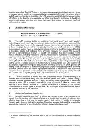 liquidity risk profiles. The NSFR aims to limit over-reliance on wholesale funding during times
of buoyant market liquidity and encourage better assessment of liquidity risk across all on-
and off-balance sheet items. In addition, the NSF approach would help to counterbalance the
cliff-effects of the liquidity coverage ratio and offset incentives for institutions to fund their
stock of liquid assets with short-term funds that mature just outside the supervisory defined
horizon for that metric.


2.          Definition of the metric


                    Available amount of stable funding                           > 100%
                    Required amount of stable funding


80.      The NSF measure builds on traditional “net liquid asset” and “cash capital”
methodologies used widely by internationally active banking organisations, bank analysts
and rating agencies. However, the proposed measure expands general industry conventions
of these concepts to account for the potential liquidity risk of off-balance sheet (OBS)
exposures and various types of maturity mismatches involved in short-term secured funding
of long-dated assets that traditional forms of these measures may ignore. The standard
provides a comprehensive measure of liquidity risk exposure that acknowledges recent
market difficulties, including the need to fund securities in trading inventories or securitisation
pipelines in the face of illiquid markets. In computing the amount of assets that should be
backed by stable funding, the proposed methodology includes required amounts of stable
funding for all illiquid assets and securities held, regardless of accounting treatment (eg
trading versus available-for-sale or held-to-maturity designations) and with constrained
assumptions regarding trading and securitisation inventory turnover. In effect, portions of
trading assets are required to be funded using stable funding sources based not on assumed
execution turnover but on the relative liquidity characteristics of the positions held. Additional
resources funded by stable sources are also allocated to support at least a small portion of
the potential calls on liquidity arising from OBS commitments and contingencies.

81.       The NSF standard is defined as a ratio of available amount of stable funding to a
required amount of stable funding. This ratio must be greater than 100%. 22 “Stable funding”
is defined as those types and amounts of equity and liability financing expected to be reliable
sources of funds over a one-year time horizon under conditions of extended stress. The
amount of such funding required of a specific institution is a function of the liquidity
characteristics of various types of assets held, OBS contingent exposures incurred, and/or
the activities pursued by the institution.

A.          Definition of available stable funding
82.       Available stable funding (ASF) is defined as the total amount of an institution’s: 1)
capital; 2) preferred stock with maturity of equal to or greater than one year; 3) liabilities with
effective maturities of one year or greater; and 4) that portion of “stable” non-maturity
deposits and/or term deposits with maturities of less than one year that would be expected to
stay with the institution for an extended period in an idiosyncratic stress event.




22
     In addition, supervisors may use alternative levels of this NSF ratio as thresholds for potential supervisory
     action.




20                                                International Framework for Liquidity Risk Measurement, Standards and Monitoring
 