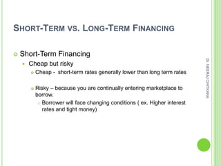 SHORT-TERM VS. LONG-TERM FINANCING

   Short-Term Financing




                                                                              Dr. NEERAJ CHITKARA
       Cheap but risky
           Cheap - short-term rates generally lower than long term rates

           Risky – because you are continually entering marketplace to
            borrow.
              Borrower will face changing conditions ( ex. Higher interest

               rates and tight money)
 