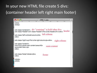 In your new HTML file create 5 divs:
(container header left right main footer)
 