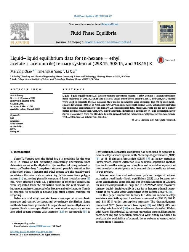 Liquid Liquid Equilibrium Data For N Hexane Ethylacetate Acetonitrile