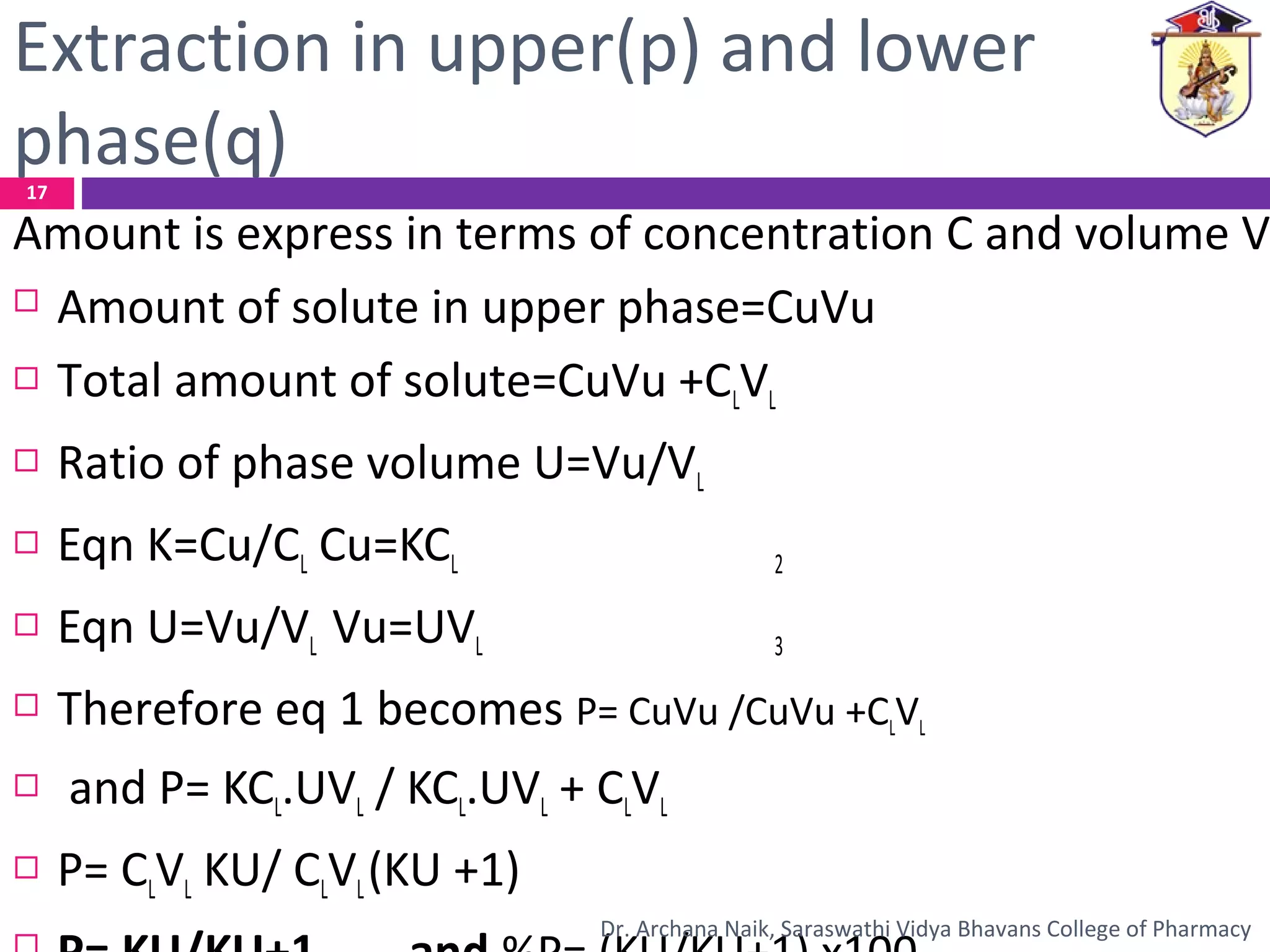 Extraction in upper(p) and lower
phase(q)
Amount is express in terms of concentration C and volume V
 Amount of solute in upper phase=CuVu
 Total amount of solute=CuVu +CLVL
 Ratio of phase volume U=Vu/VL
 Eqn K=Cu/CL Cu=KCL 2
 Eqn U=Vu/VL Vu=UVL 3
 Therefore eq 1 becomes P= CuVu /CuVu +CLVL
 and P= KCL.UVL / KCL.UVL + CLVL
 P= CLVL KU/ CLVL(KU +1)
17
Dr. Archana Naik, Saraswathi Vidya Bhavans College of Pharmacy
 