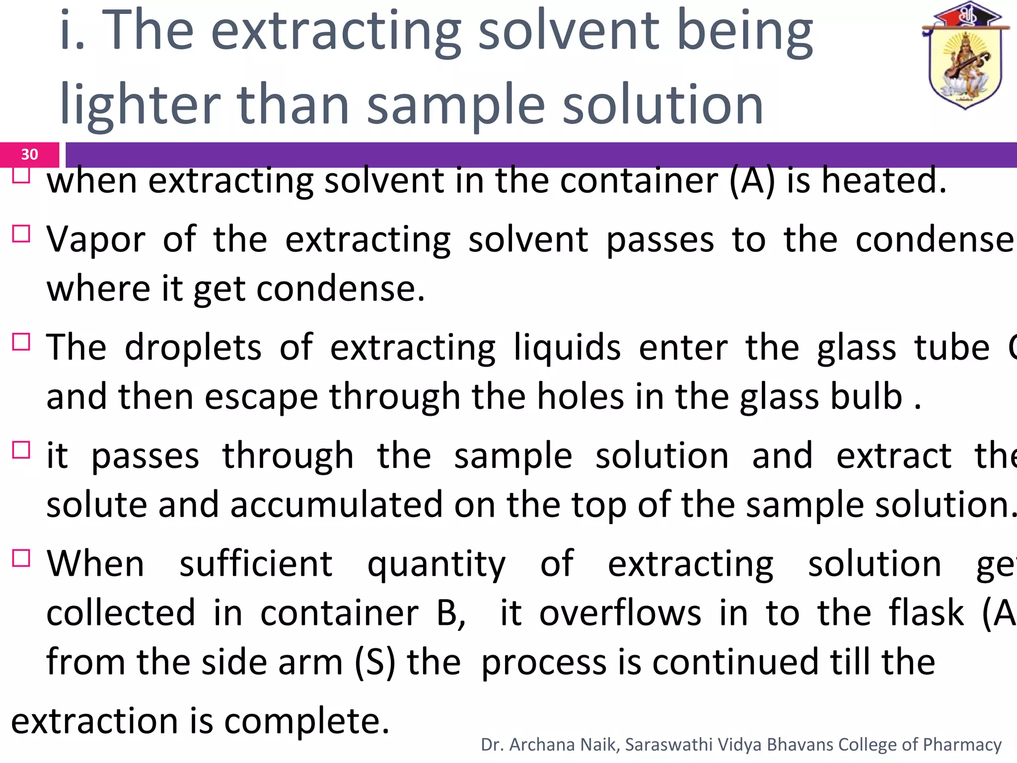 i. The extracting solvent being
lighter than sample solution
 when extracting solvent in the container (A) is heated.
 Vapor of the extracting solvent passes to the condenser
where it get condense.
 The droplets of extracting liquids enter the glass tube C
and then escape through the holes in the glass bulb .
 it passes through the sample solution and extract the
solute and accumulated on the top of the sample solution.
 When sufficient quantity of extracting solution get
collected in container B, it overflows in to the flask (A)
from the side arm (S) the process is continued till the
extraction is complete.
30
Dr. Archana Naik, Saraswathi Vidya Bhavans College of Pharmacy
 