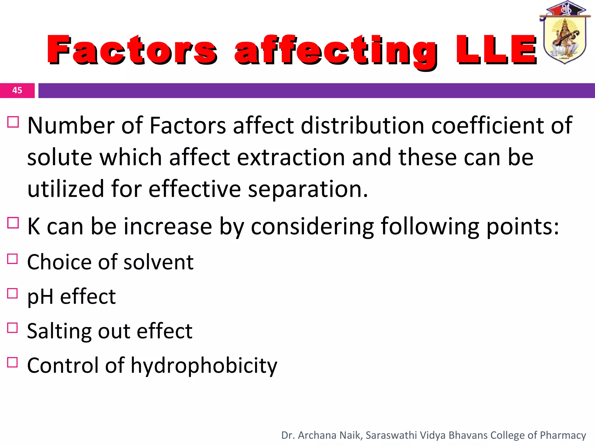 Factors affecting LLEFactors affecting LLE
 Number of Factors affect distribution coefficient of
solute which affect extraction and these can be
utilized for effective separation.
 K can be increase by considering following points:
 Choice of solvent
 pH effect
 Salting out effect
 Control of hydrophobicity
45
Dr. Archana Naik, Saraswathi Vidya Bhavans College of Pharmacy
 