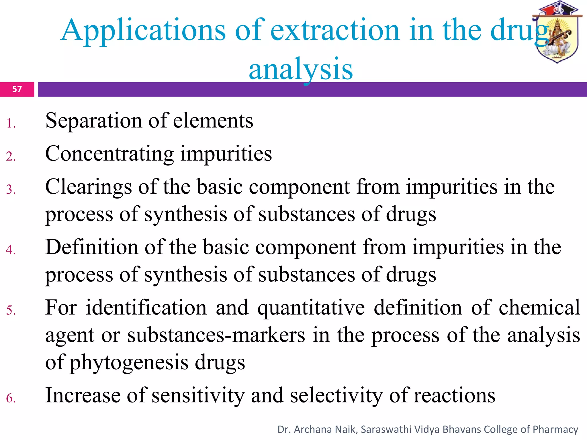 Applications of extraction in the drug
analysis
1. Separation of elements
2. Concentrating impurities
3. Clearings of the basic component from impurities in the
process of synthesis of substances of drugs
4. Definition of the basic component from impurities in the
process of synthesis of substances of drugs
5. For identification and quantitative definition of chemical
agent or substances-markers in the process of the analysis
of phytogenesis drugs
6. Increase of sensitivity and selectivity of reactions
57
Dr. Archana Naik, Saraswathi Vidya Bhavans College of Pharmacy
 