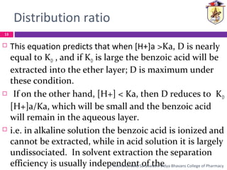 Distribution ratio
 This equation predicts that when [H+]a >Ka, D is nearly
equal to KD , and if KD is large the benzoic acid will be
extracted into the ether layer; D is maximum under
these condition.
 If on the other hand, [H+] < Ka, then D reduces to KD
[H+]a/Ka, which will be small and the benzoic acid
will remain in the aqueous layer.
 i.e. in alkaline solution the benzoic acid is ionized and
cannot be extracted, while in acid solution it is largely
undissociated. In solvent extraction the separation
efficiency is usually independent of the
13
Dr. Archana Naik, Saraswathi Vidya Bhavans College of Pharmacy
 