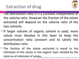 Extraction of drug
 The distribution ratio D is a constant independent of
the volume ratio. However the fraction of the solute
extracted will depend on the volume ratio of the
two solvents.
 If larger volume of organic solvent is used, more
solute must dissolve in this layer to keep the
concentration ratio constant and to satisfy the
distribution ratio.
 The fraction of the solute extracted is equal to the
milimoles of the solute in the organic layer divided by the
total no of milimoles of solute.
15
Dr. Archana Naik, Saraswathi Vidya Bhavans College of Pharmacy
 