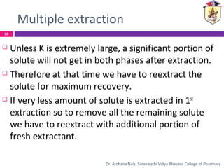 Multiple extraction
 Unless K is extremely large, a significant portion of
solute will not get in both phases after extraction.
 Therefore at that time we have to reextract the
solute for maximum recovery.
 If very less amount of solute is extracted in 1st
extraction so to remove all the remaining solute
we have to reextract with additional portion of
fresh extractant.
20
Dr. Archana Naik, Saraswathi Vidya Bhavans College of Pharmacy
 