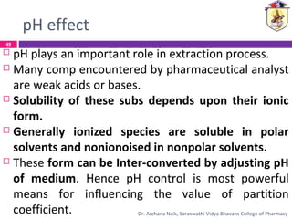 pH effect
 pH plays an important role in extraction process.
 Many comp encountered by pharmaceutical analyst
are weak acids or bases.
 Solubility of these subs depends upon their ionic
form.
 Generally ionized species are soluble in polar
solvents and nonionoised in nonpolar solvents.
 These form can be Inter-converted by adjusting pH
of medium. Hence pH control is most powerful
means for influencing the value of partition
coefficient.
49
Dr. Archana Naik, Saraswathi Vidya Bhavans College of Pharmacy
 