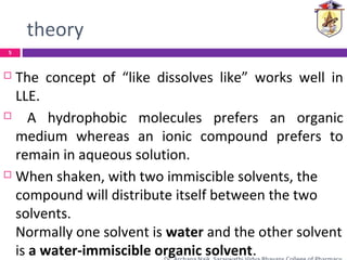 theory
 The concept of “like dissolves like” works well in
LLE.
 A hydrophobic molecules prefers an organic
medium whereas an ionic compound prefers to
remain in aqueous solution.
 When shaken, with two immiscible solvents, the
compound will distribute itself between the two
solvents.
Normally one solvent is water and the other solvent
is a water-immiscible organic solvent.
5
 