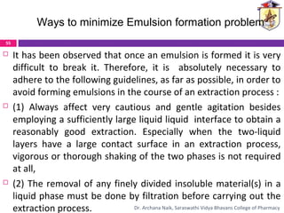  It has been observed that once an emulsion is formed it is very
difficult to break it. Therefore, it is absolutely necessary to
adhere to the following guidelines, as far as possible, in order to
avoid forming emulsions in the course of an extraction process :
 (1) Always affect very cautious and gentle agitation besides
employing a sufficiently large liquid liquid interface to obtain a
reasonably good extraction. Especially when the two-liquid
layers have a large contact surface in an extraction process,
vigorous or thorough shaking of the two phases is not required
at all,
 (2) The removal of any finely divided insoluble material(s) in a
liquid phase must be done by filtration before carrying out the
extraction process.
Ways to minimize Emulsion formation problem
55
Dr. Archana Naik, Saraswathi Vidya Bhavans College of Pharmacy
 