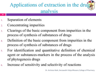 Applications of extraction in the drug
analysis
1. Separation of elements
2. Concentrating impurities
3. Clearings of the basic component from impurities in the
process of synthesis of substances of drugs
4. Definition of the basic component from impurities in the
process of synthesis of substances of drugs
5. For identification and quantitative definition of chemical
agent or substances-markers in the process of the analysis
of phytogenesis drugs
6. Increase of sensitivity and selectivity of reactions
57
Dr. Archana Naik, Saraswathi Vidya Bhavans College of Pharmacy
 