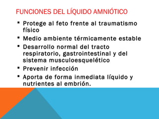 FUNCIONES DEL LÍQUIDO AMNIÓTICO
 Protege al feto frente al traumatismo
físico
 Medio ambiente térmicamente estable
 Desarrollo normal del tracto
respiratorio, gastrointestinal y del
sistema musculoesquelético
 Prevenir infección
 Aporta de forma inmediata líquido y
nutrientes al embrión.
 