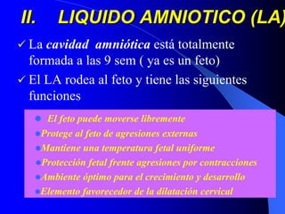 II.II. LIQUIDO AMNIOTICO (LA)LIQUIDO AMNIOTICO (LA)
La cavidad amniótica está totalmente
formada a las 9 sem ( ya es un feto)
El LA rodea al feto y tiene las siguientes
funciones
El feto puede moverse libremente
Protege al feto de agresiones externas
Mantiene una temperatura fetal uniforme
Protección fetal frente agresiones por contracciones
Ambiente óptimo para el crecimiento y desarrollo
Elemento favorecedor de la dilatación cervical
 