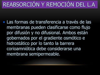 • Las formas de transferencia a través de las
membranas pueden clasificarse como flujo
por difusión y no difusional. Ambos están
gobernados por el gradiente osmótico e
hidrostático por lo tanto la barrera
corioamniótica debe considerarse una
membrana semipermeable.
REABSORCIÓN Y REMOCIÓN DEL L.A
 